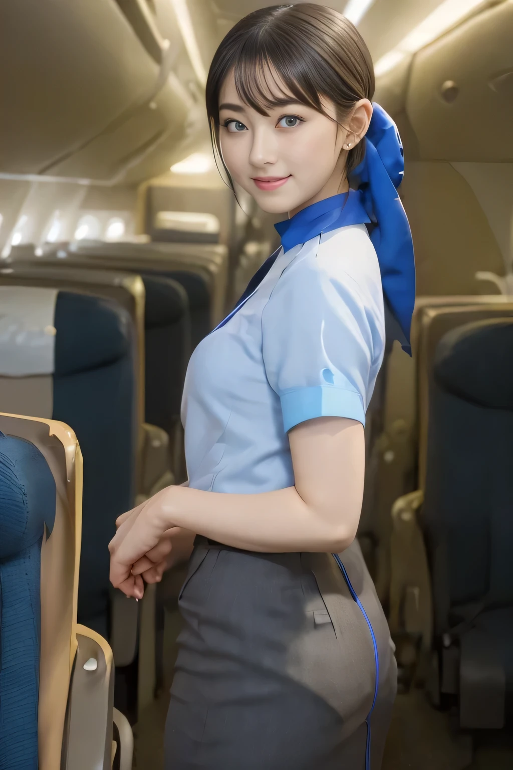 (masterpiece:1.2, Highest quality:1.2), 32k HDR, High resolution, (alone, 1 girl), (ANA cabincrew uniform blue uniform real style), A proper woman, Beautiful Face, Brown Hair, (Long Hair、hair bun), (ANA cabincrew uniform blue uniform blouse:1.05, Light blue scarf、Skirt with blue lines on the buttocks:1.1, pantyhose),、(long hair that reaches to the feet)、Perfect slim body:1.1, Huge breasts, huge breasts cleavage, Detailed skin texture, Beautiful Eyes, (smile:1.2), necklace、Earrings、(forward leaning posture:1.5), On the roof of a building, Rooftop in the daytime,Blue eyes、Hands fold underneath