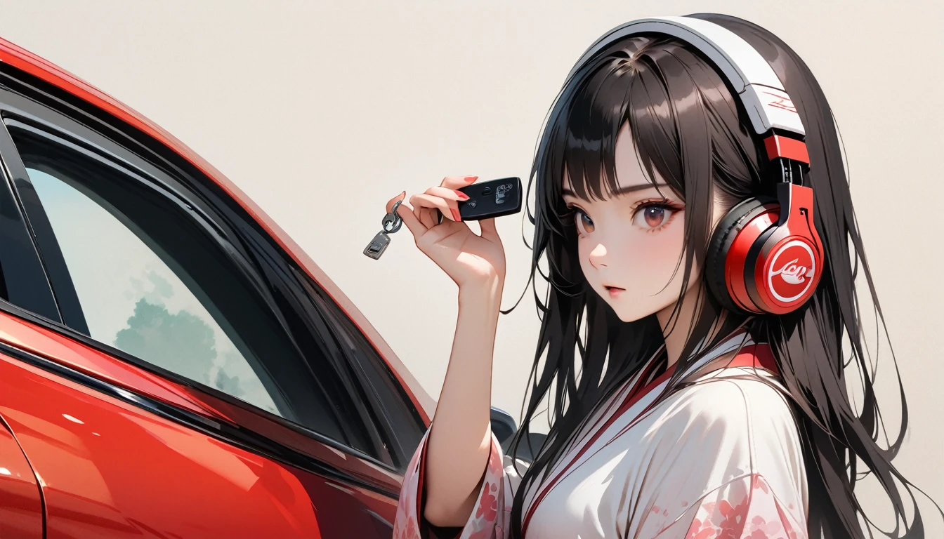 only the girl in the picture, no background, detailed CG unit, Masterpiece, high resolution, (((from side))), (((holding JDM car key in hand))), (((behind the girl no background))), (((Japanese style headphones))), ((1 girl)), (surreal, digital painting), photo from the waist up, frontal photo, girl close-up, behind the girl no background, girl looking at the camera, holding the car key in her hand, Japanese cars theme, detailed CG unit, Masterpiece, high resolution, highest quality, all in JDM style