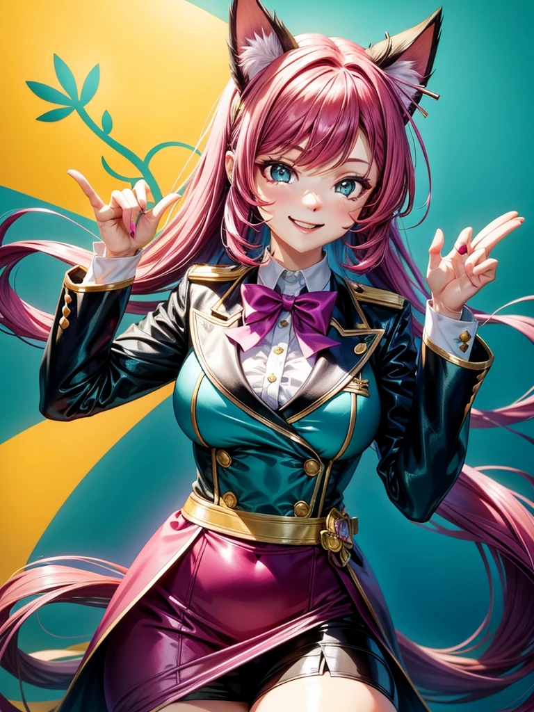 Magenta hair, hazel eyes, older woman, hair bows, cat ears, long hair, smiling face, sexy uniform outfit, teal and gold clothes,plants background