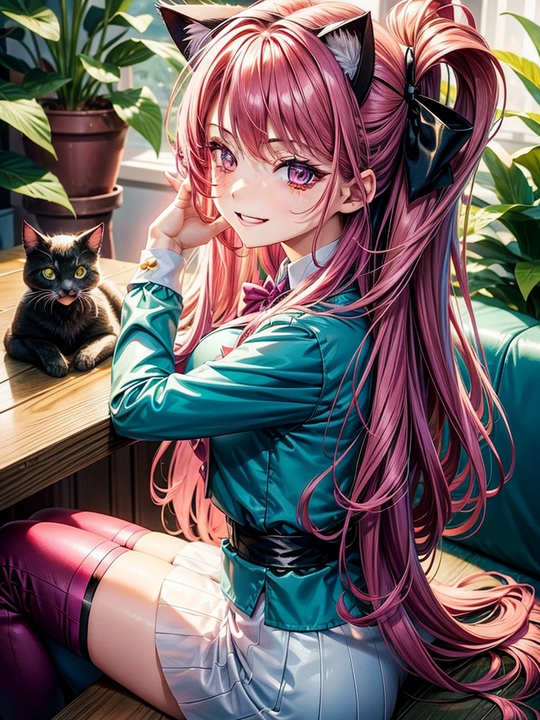 Magenta hair, hazel eyes, older woman, hair bows, cat ears, long hair, smiling face, sexy uniform outfit, teal and gold clothes,plants background