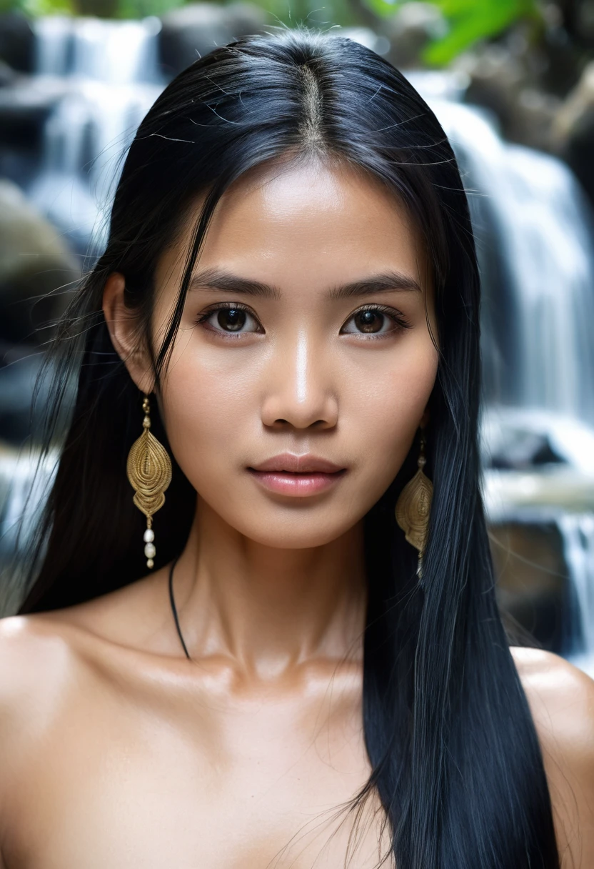 a very beautiful face Thai female villager. She has long, flowing black hair.  The background features natural big waterfall with intricate details, slightly blurred to give a sense of distance and time. sexy, naked