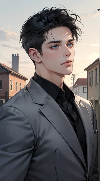 masterpiece, best quality, realistic, 1man, mature male, quiet and charming young man, 35 years old, close his eyes, serious, closed mouth, extremely detailed face, cold, ((dark grey blue eyes)), ((short-right-swept dark grey black hair)), [thick eyebrows], ((hunter)), accurate, detailed, ((town))