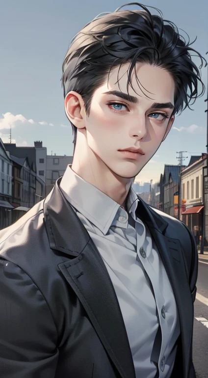 masterpiece, best quality, realistic, 1man, mature male, quiet and charming young man, 35 years old, close his eyes, serious, closed mouth, extremely detailed face, cold, ((dark grey blue eyes)), ((short-right-swept dark grey black hair)), [thick eyebrows], ((hunter)), accurate, detailed, ((town))