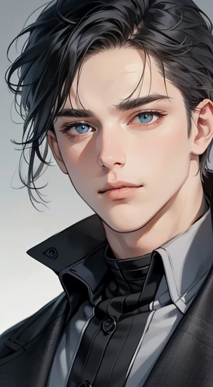 masterpiece, best quality, realistic, 1man, mature male, quiet and charming young man, 35 years old, close his eyes, serious, closed mouth, extremely detailed face, cold, ((dark grey blue eyes)), ((short-right-swept dark grey black hair)), [thick eyebrows], ((hunter)), accurate, detailed, ((town))