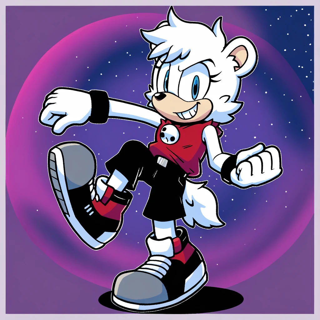 Custom avatar, Augustus the Polar bear character, wearing black shorts, in the cyberspace, cgi backround, doing a dyamic pose, someone holding his leg,