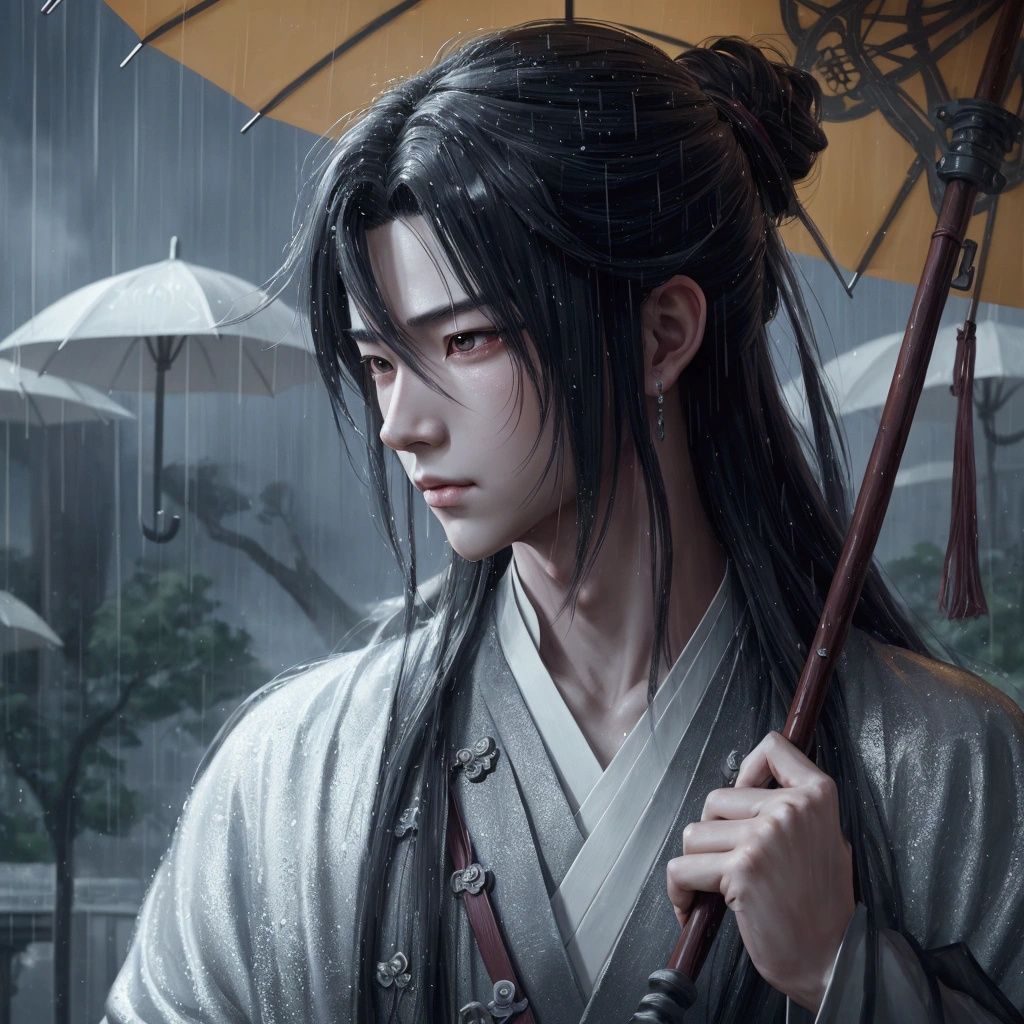Cartoon boy holding an umbrella in the rain, artwork in the style of Gu Weiss, author：Yang J, The handsome guy in Demon Slayer, Beautiful character painting, author：Fan Qi, 2. 5D CGI anime fantasy artwork, Beautiful digital artwork, Detailed digital anime art, Fan Art Best Artstation, Gu Weiss masterpiece, inspired by Guan Daosheng, Gu Weiss