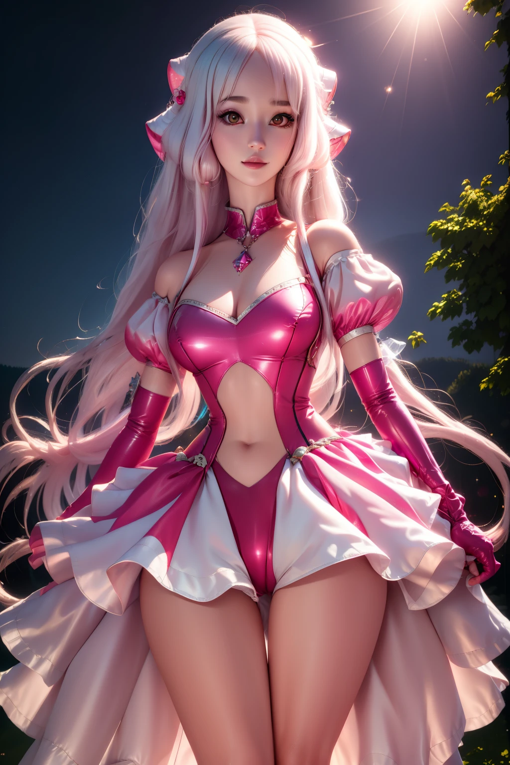 pnkdamond, pink hair, pink eyes,  by the wide,  stomach gem,  pink skin,  toned, 
puffy short sleeves, elbow gloves ,  white thighs,   Puffy dress, 
standing, Upper part of the body, 
 outer space,  
(incredibly detailed, beautiful detailed face,beautiful detailed eyes, masterpiece, Best Quality) cinematic lighting,  smile, 
 