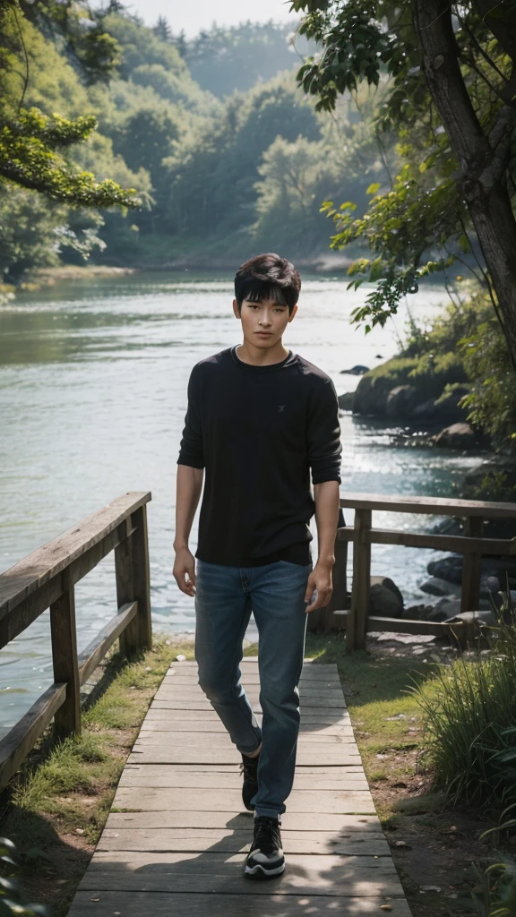 

Create an image of a young Korean man, com cabelo preto e liso, middle muscles, rugged male face standing on a wooden bridge. He is wearing casual and modern clothes, striking a confident and stylish pose. The bridge is surrounded by a natural landscape, with trees and maybe a river or lake below. The expression on his face is serene and confident, capturing a moment of tranquility in nature,8 K , ultra realisitic 