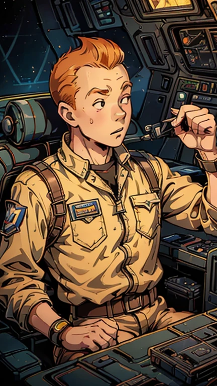 (Teens:1man: Tintin), (extremely detailed CG unit 8k wallpaper),(master part), (best quality), (ultra detali), (best illustration),(pilot), cowboy shot, (Sharp eyeliner, ombre, detailed eyes:1), holding the control,sitting in cockpit, break , upper body, short hair, orange hair,