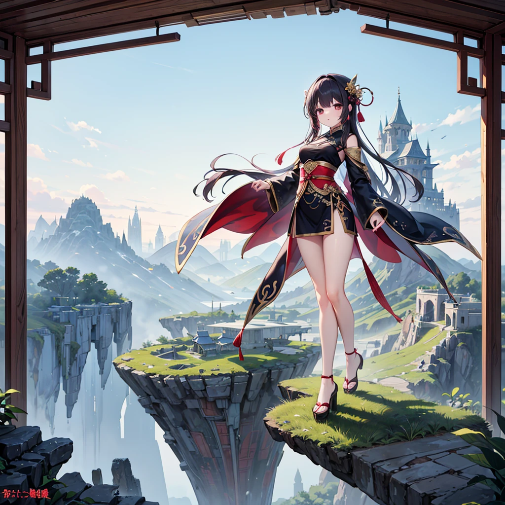 (Full body), solo, 1 beautiful girl wearing chinese fantasy clothes, posing, in the fantasy landcape, nature fantasy landcape background, panorama view