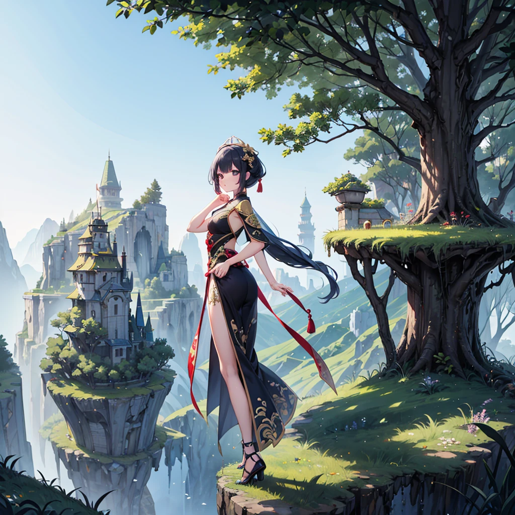 (Full body), solo, 1 beautiful girl wearing chinese fantasy clothes, posing, in the fantasy landcape, nature fantasy landcape background, panorama view
