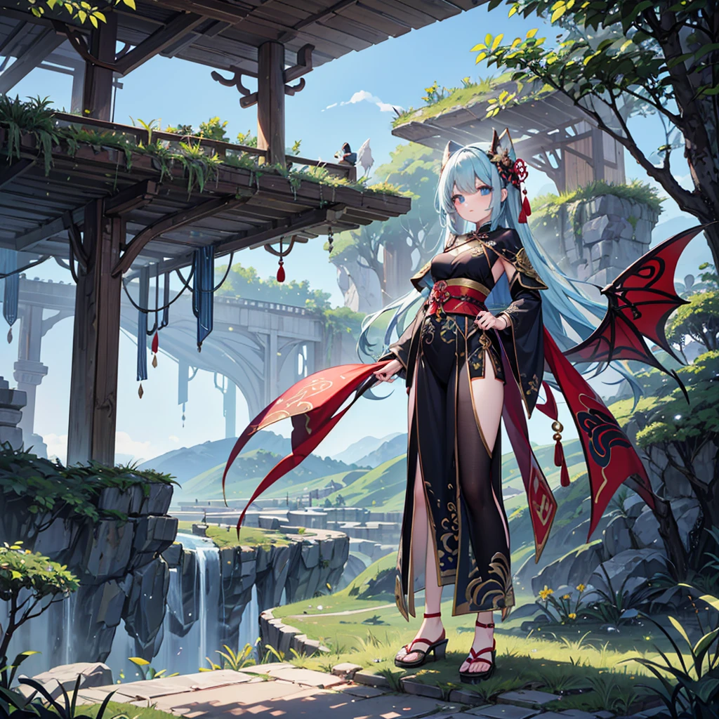 (Full body), solo, 1 beautiful girl wearing chinese fantasy clothes, posing, in the fantasy landcape, nature fantasy landcape background, panorama view