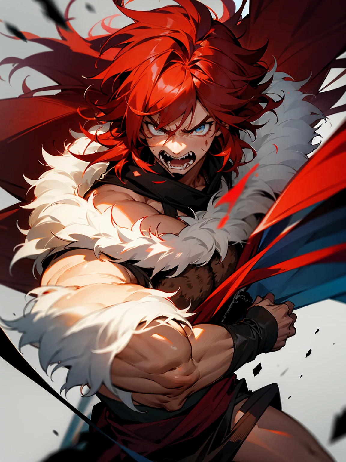 male, red hair, messy, barbarian, fur clothing, fierce expression