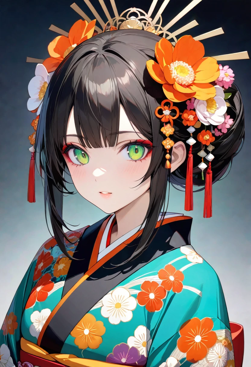 masterpiece, Highest quality, Super detailed, Detailed eyes, Upper Body Shot, Long characters, Decorated with colorful flowers and traditional hair ornaments、Intricately styled black hair. Characters、She is wearing a detailed kimono with vibrant orange floral patterns.。, white, Green and. They are、I'm standing in an alley lined with old-fashioned street lamps emitting a warm light.。, Create a peaceful atmosphere, Historical Japanese Stage. To maintain anonymity、The character's face is obscured by a pixelated area。.