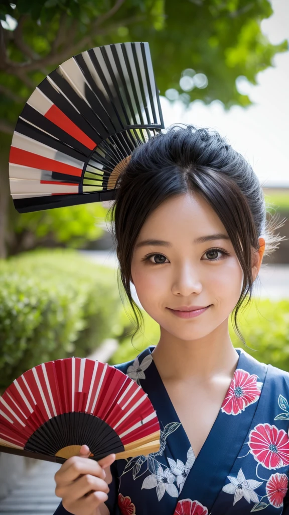 High resolution, Mohawk mowing, yukata、Fan Cheeky Face, Character portrait, abstract, Cinematic light effects, 