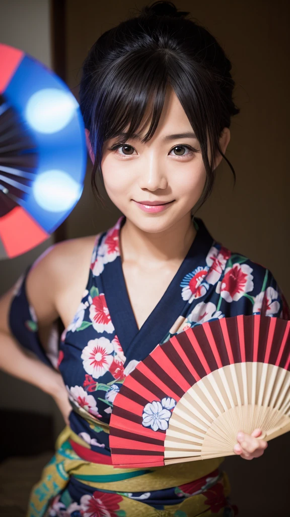High resolution, Mohawk mowing, yukata、Fan Cheeky Face, Character portrait, abstract, Cinematic light effects,