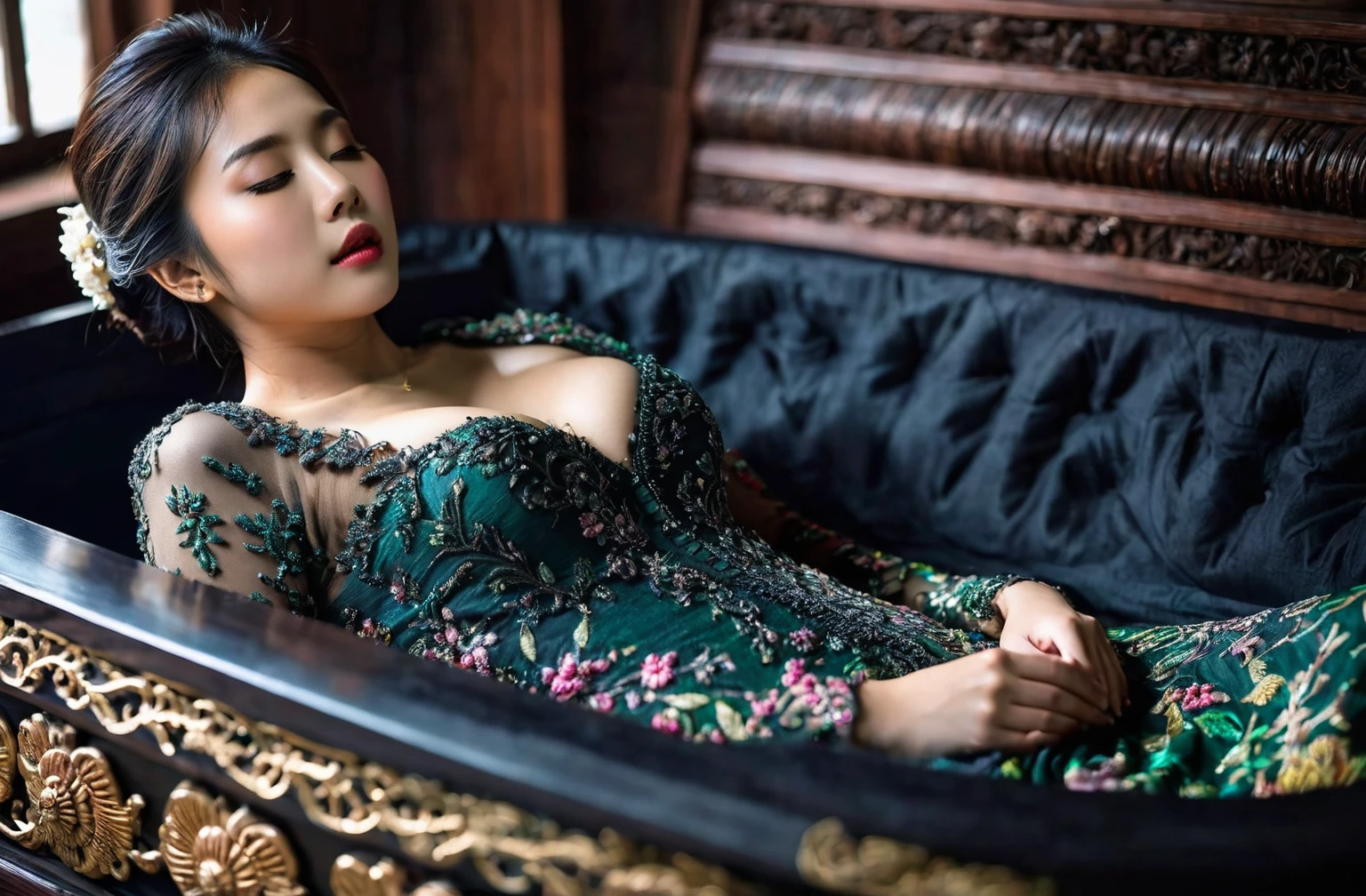 In a striking 8K HDR scene, a stunning Korean woman, 22 years old, lies peacefully in a black coffin surrounded by plush pillows. The deep box is set against a rich black background, accentuating the beauty of the subject. Her exquisite deep-V neckline kebaya attire is embroidered with superb detail, showcasing her round and firm breasts, perfect cleavage, and beautiful eyebrows. Her closed eyes and mouth give an air of serenity, while her visible and absolute cleavage leave nothing to imagination. The scene is bathed in saturated colors, highlighting every intricate aspect from the ball skirt to her clean face, straight body, detailed hand perfect hands, straight body, own hands together, own hand on stomach, detailed hands, perfect hands.