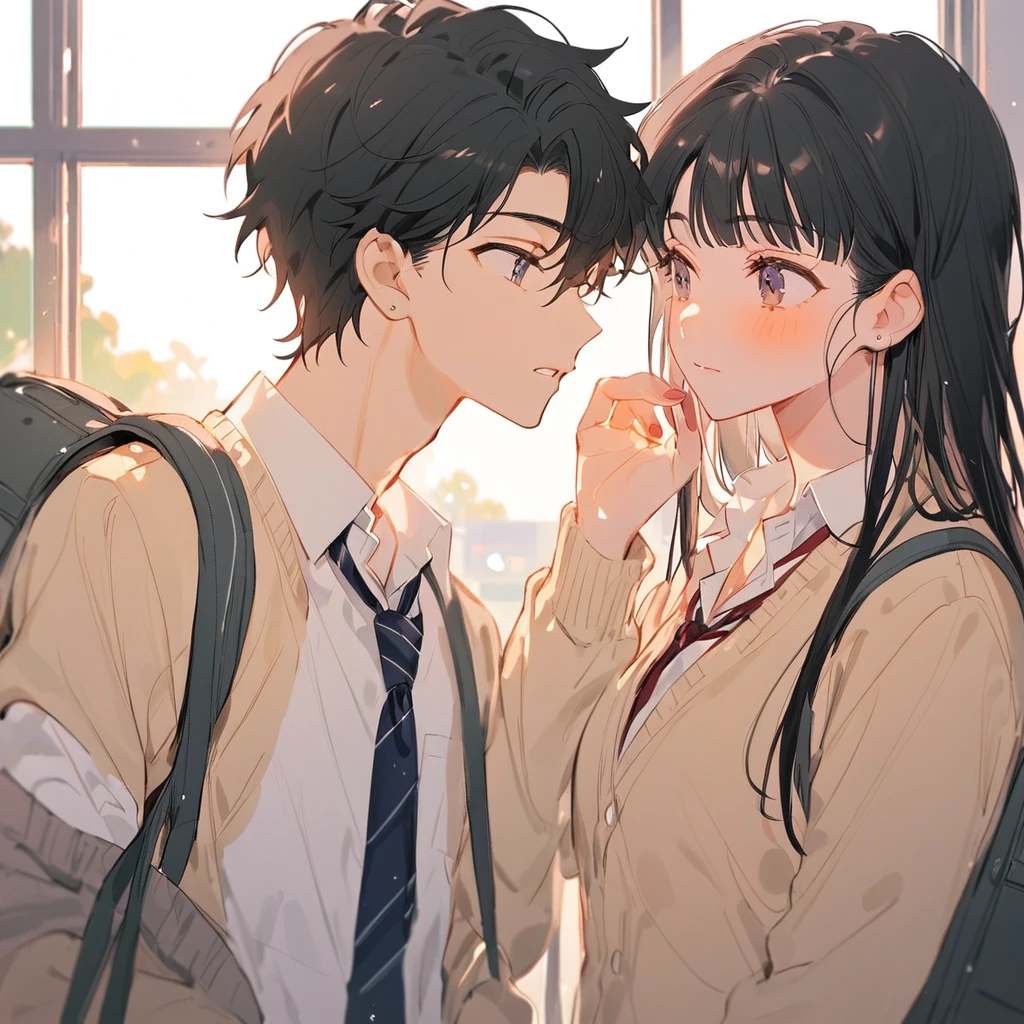 (Male and female), Black hair, ((high school student, school uniform)), See each other