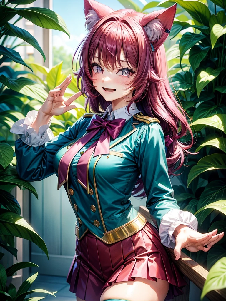 Magenta hair, hazel eyes, older woman, hair bows, cat ears, long hair, smiling face, sexy uniform outfit, teal and gold clothes,plants background