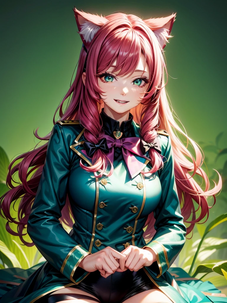 Magenta hair, hazel eyes, older woman, hair bows, cat ears, long hair, smiling face, sexy uniform outfit, teal and gold clothes,plants background