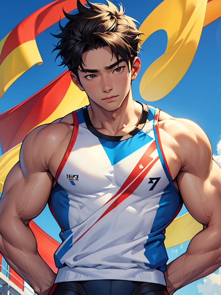 imagine an Olympic athlete, he is handsome
Korean. 20-28 years old. upon arrival, victory, emotion, vibration, achievement, wearing top tank