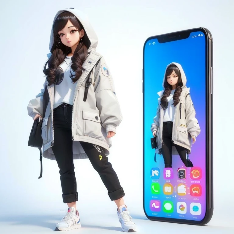 a close up of a person standing next to a phone, 3 d character, 3d character, cute 3 d render, anime styled 3d, 3d characters, 3 d character art, realistic anime 3 d style, 3 d character render, render of a cute 3d anime girl, 3 d render character art 8 k, 3d anime girl