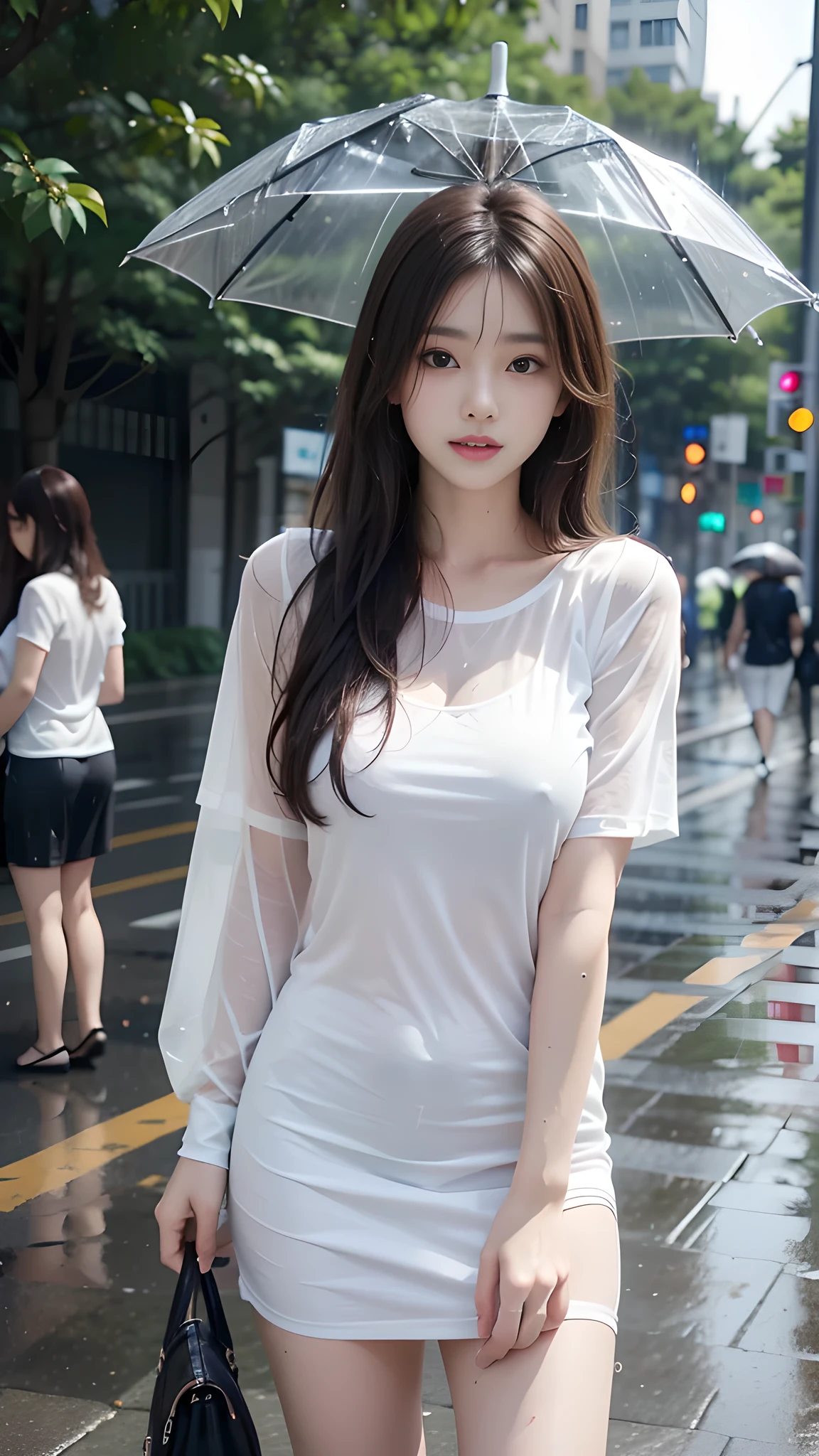 ulzzang-6500-v1.1, (RAW photo: 1.2), (Real photo), (Real photo: 1.4), 1 girl、Perfect anatomy、20 years old、Looking at the camera、Medium length hair, Wet hair in the rain, dress, ((on the street, in the rain: 1.2)), (Soaked clothes: 1.2), (Business service)、Asian eyes Ella,