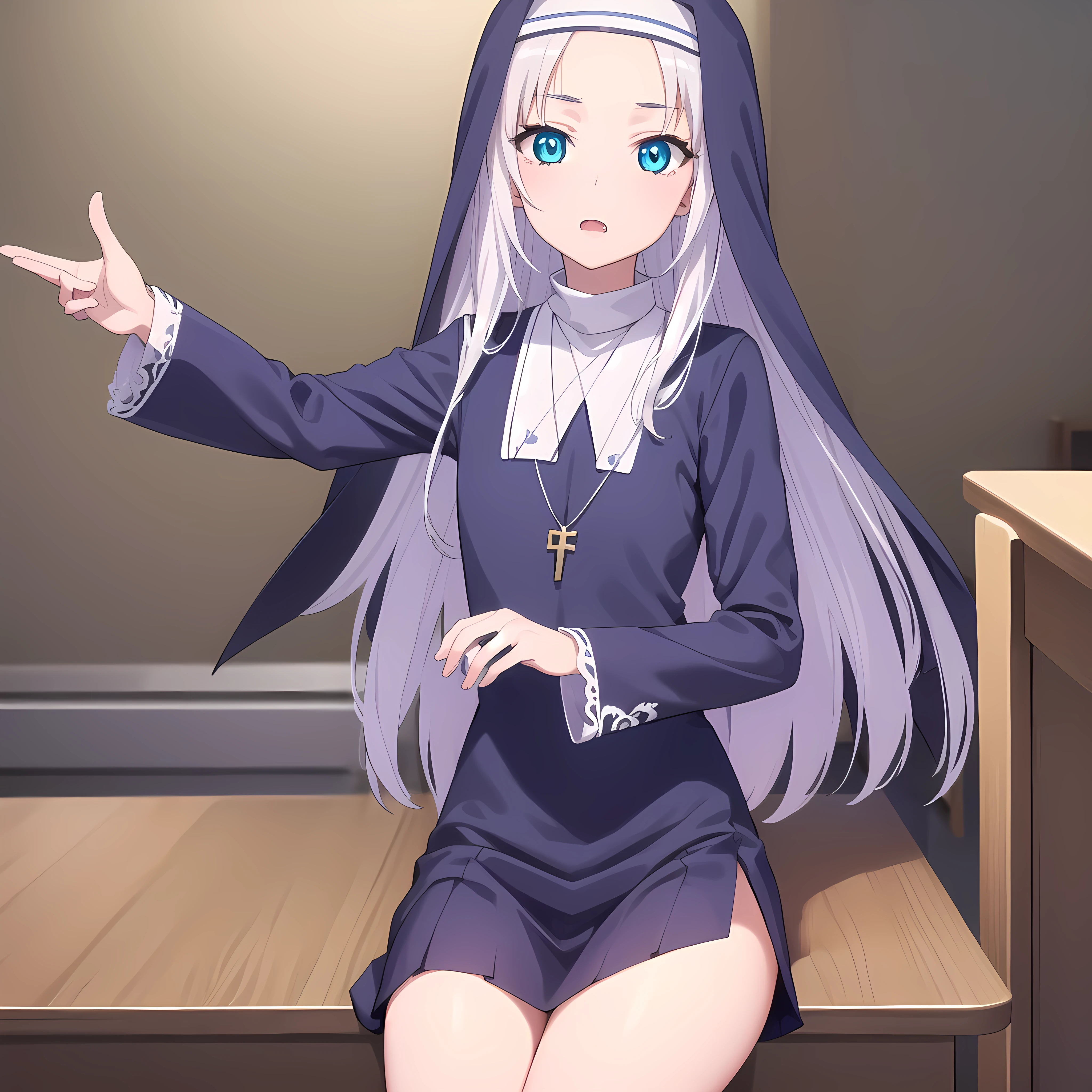 mariatakayama, maria takayama, long hair, blue eyes, fang, aqua eyes,
BREAK jewelry, heart, necklace, nun, habit, white short skirt
BREAK indoors, classroom, seated on desk
BREAK (masterpiece:1.2), best quality, high resolution, unity 8k wallpaper, (illustration:0.8), (beautiful detailed eyes:1.6), extremely detailed face, perfect lighting, extremely detailed CG, (perfect hands, perfect anatomy),