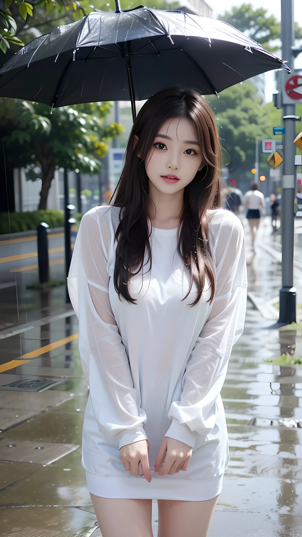 ulzzang-6500-v1.1, (RAW photo: 1.2), (Real photo), (Real photo: 1.4), 1 girl、Perfect anatomy、20 years old、Looking at the camera、Medium length hair, Wet hair in the rain, dress, ((on the street, in the rain: 1.2)), (Soaked clothes: 1.2), (Business service)、Asian eyes Ella,