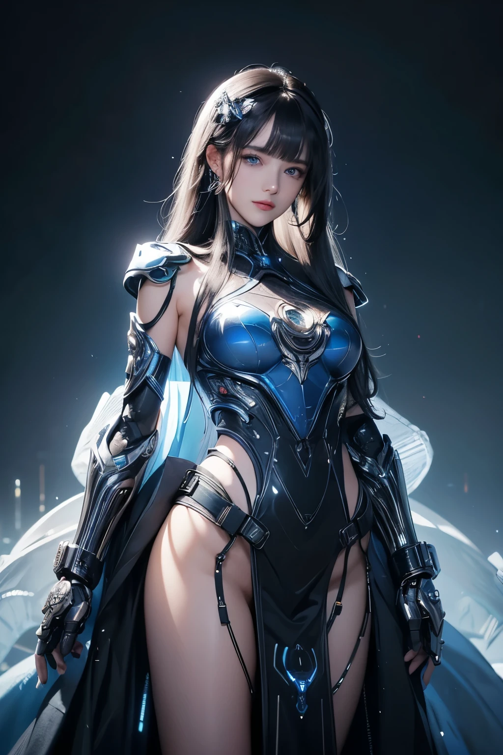 masterpiece, best quality, Very detailed, to the camera, 複雑に詳細なVery detailed, Practical, Distinctive features, Very detailed, Clear focus, Perfect face, Perfect face, Perfect symmetry,perfects eyes, Perfect plump lips, Flexible female form, Movie, lamp, Very detailed, hyper Practical, masterpiece, atmosphere, high resolution, Energetic, 动态工作室lamp光, ((Dark background)), Endure the expression of happiness, Straight bangs, blue eyes,Kneel down,Hands on hips、butt、Sexually excited expressions、No clothes、National Foundation,((Top quality、8K、masterpiece:1.3),Girl with delicate face,Highest image quality,Ultra-clear,Exquisite and clear facial features,End of the World,Robotic Arm,Delicate and detailed mechanical pattern,Cyberpunk Characters、numbercity、number、century、throne