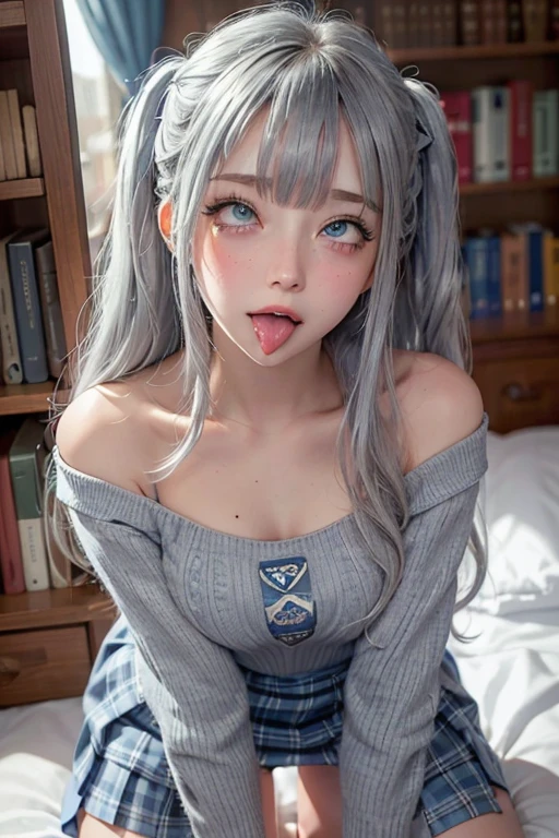 high quality, detailed,lady,(gray sweater,offshoulder),blue eyes,blunt bangs,a mole under the eye,silver long hair,plaid skirt,get down on all fours,at the library,tounge out,(blushing:1.2)