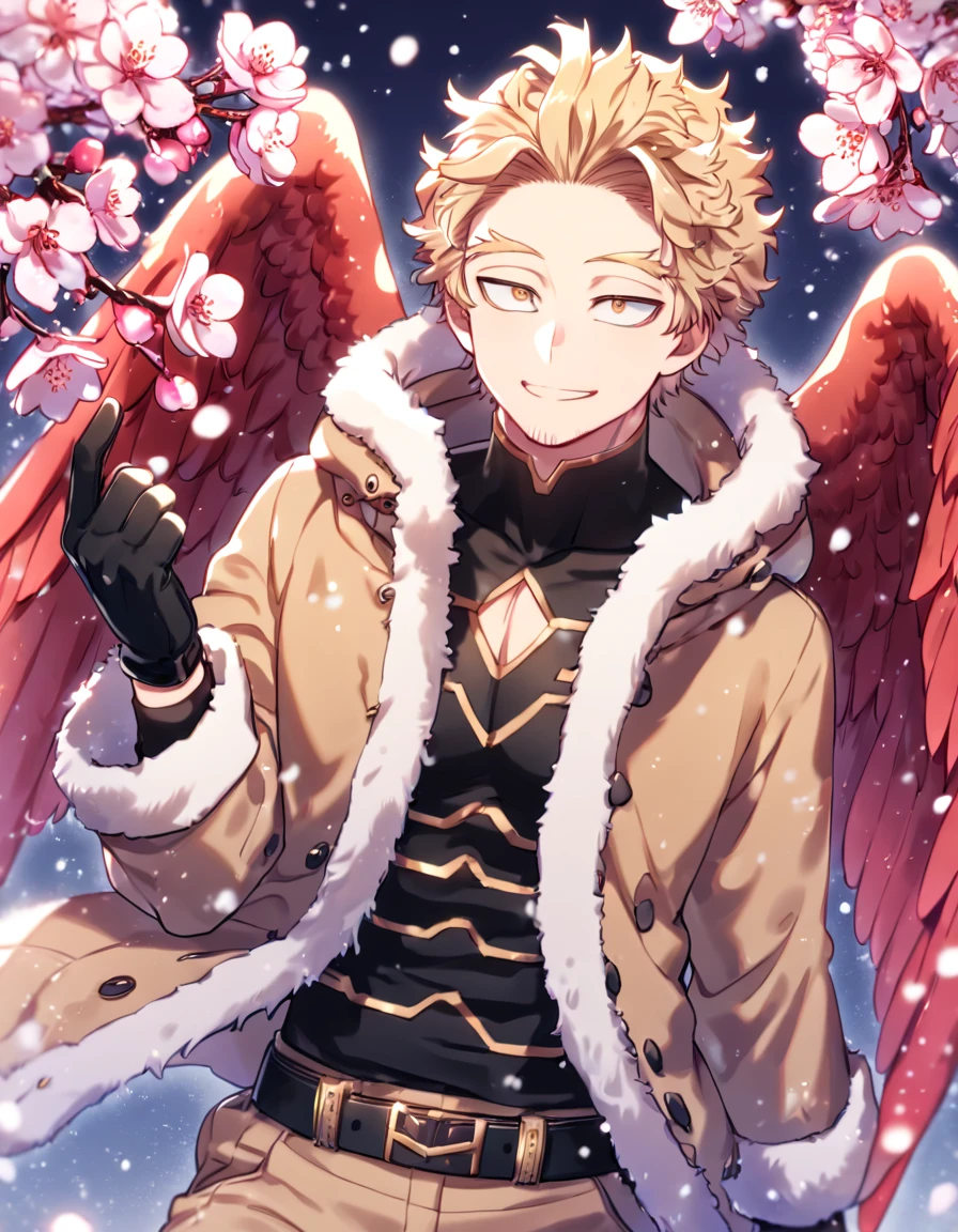 Ultra detailed, HDR, Highres, absurdres, master piece, Hawks, ash blonde hair, expressive golden-brown eyes, faint stubble, red wings, brown coat with fur, black tight shirt, black belt, brown pants, black gloves, Boku No Hero Academia, sexy man, handsome, cherry, flowers, blossoms, fantasy, magical, pink leaves, snowing, handsome, sensual, best quality, glittering, solo, handsome smile,