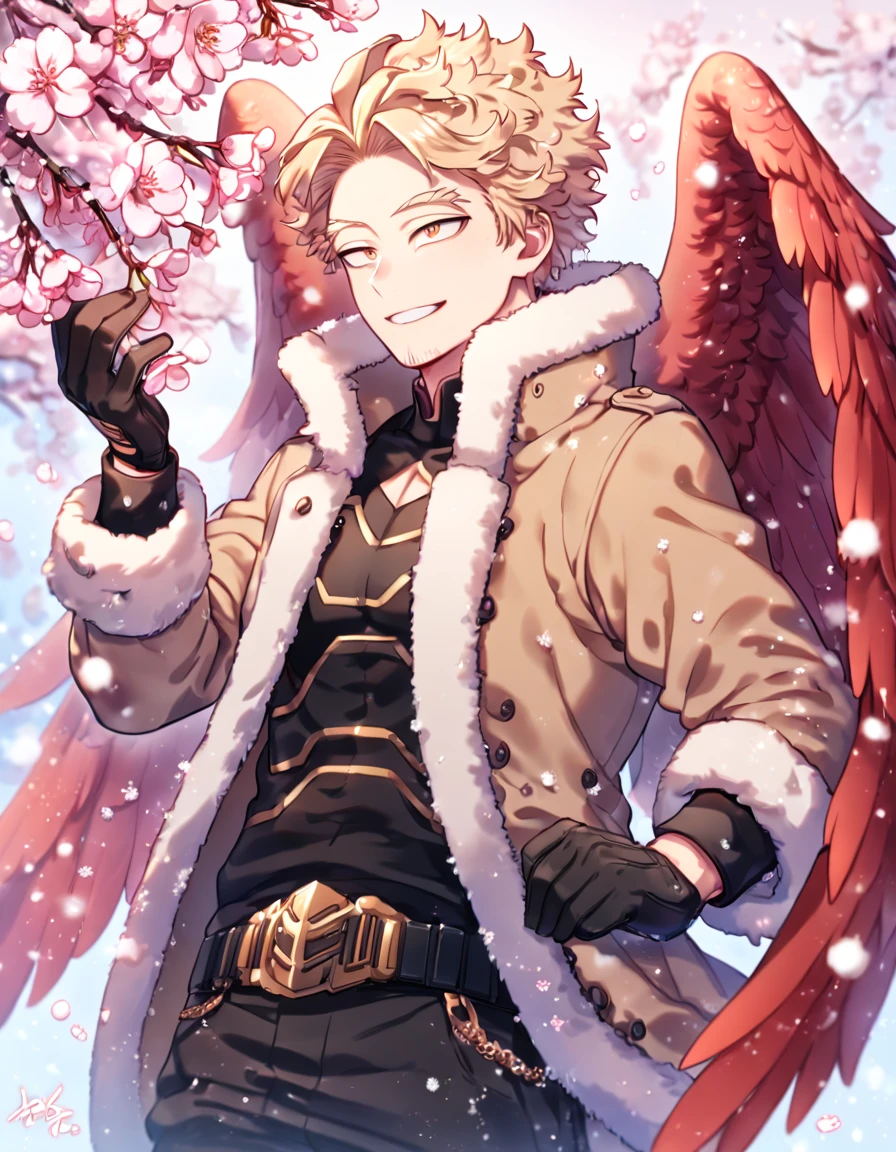 Ultra detailed, HDR, Highres, absurdres, master piece, Hawks, ash blonde hair, expressive golden-brown eyes, faint stubble, red wings, brown coat with fur, black tight shirt, black belt, brown pants, black gloves, Boku No Hero Academia, sexy man, handsome, cherry, flowers, blossoms, fantasy, magical, pink leaves, snowing, handsome, sensual, best quality, glittering, solo, handsome smile,