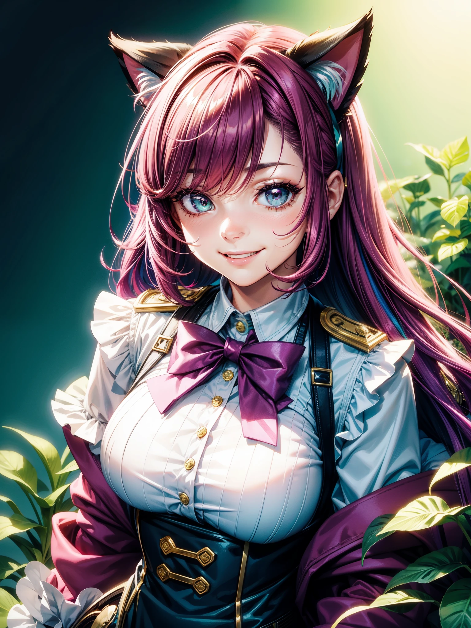 Magenta hair, hazel eyes, older woman, hair bows, cat ears, long hair, smiling face, sexy uniform, teal and gold clothes,plants background