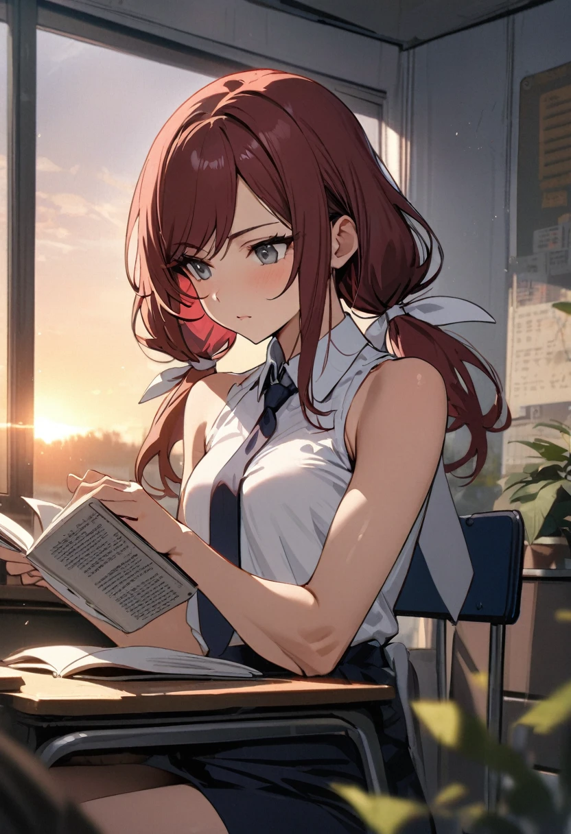 (masterpiece, best quality), stoic, girl reading book, beautiful face, upper body, close up, Gray eyes, dark red hair, swept bangs, low twin tails, white ribbons, sleeveless white collared shirt, dark blue necktie, dark blue skirt, small breasts, toned arms, sunrise, sitting on chair in front of desk, chalkboard, people in background, potted plants,