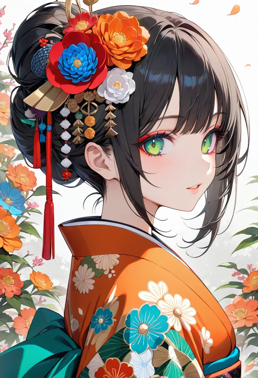 masterpiece, Highest quality, Super detailed, Detailed eyes, Upper Body Shot, Long characters, Decorated with colorful flowers and traditional hair ornaments、Intricately styled black hair. Characters、She is wearing a detailed kimono with vibrant orange floral patterns.。, white, Green and. They are、I'm standing in an alley lined with old-fashioned street lamps emitting a warm light.。, Create a peaceful atmosphere, Historical Japanese Stage. To maintain anonymity、The character's face is obscured by a pixelated area。.