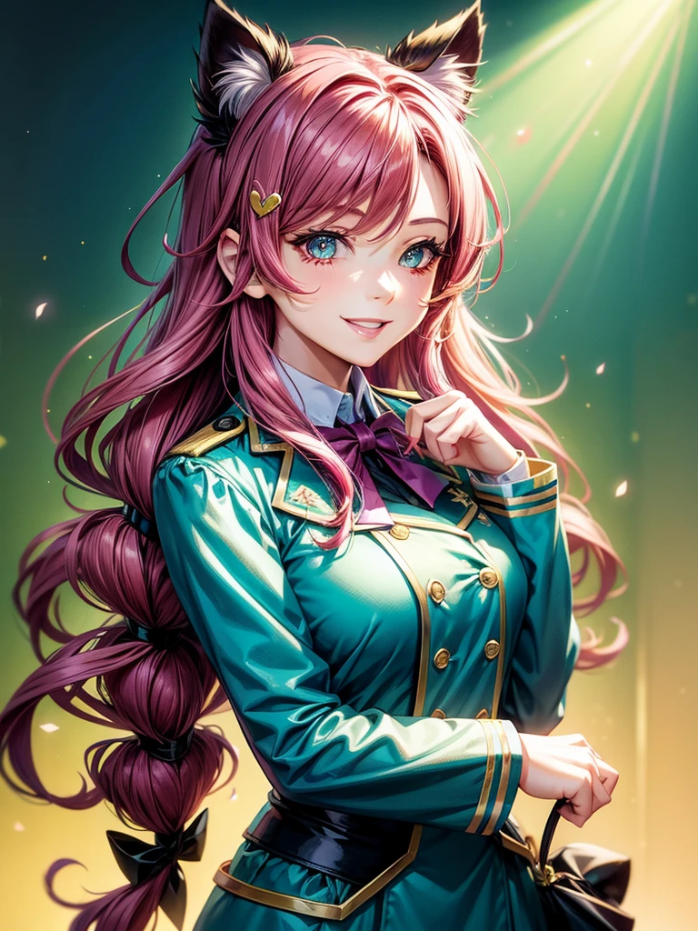 Magenta hair, hazel eyes, older woman, hair bows, cat ears, long hair, smiling face, sexy uniform, teal and gold clothes,plants background