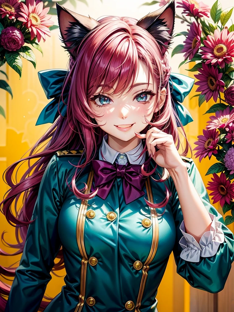 Magenta hair, hazel eyes, older woman, hair bows, cat ears, long hair, smiling face, sexy uniform, teal and gold clothes,plants background