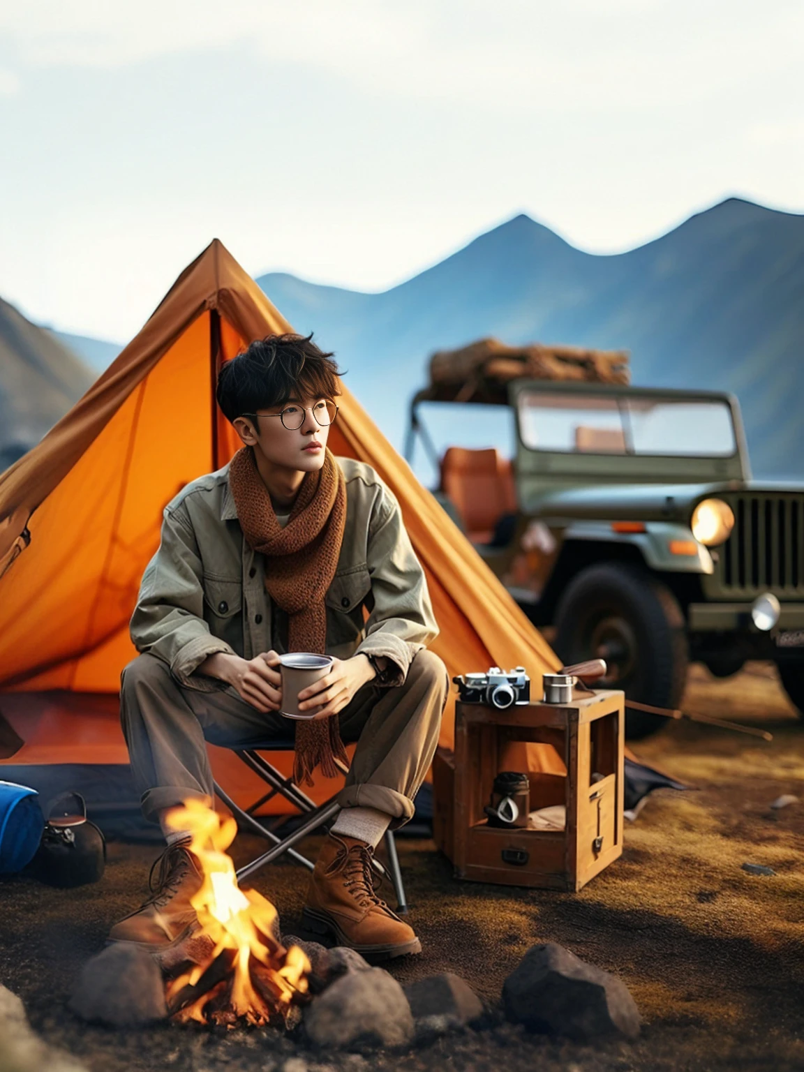 there is a man sitting next to a campfire with a camera, portrait shot, captured on canon eos r 6, (fire), camping, cinematic. by leng jun, jinyoung shin, outdoor fine photography, mid shot portrait, travel and adventure, best on adobe stock, siwoo kim, he is at camp, hiking clothes, photo portrait