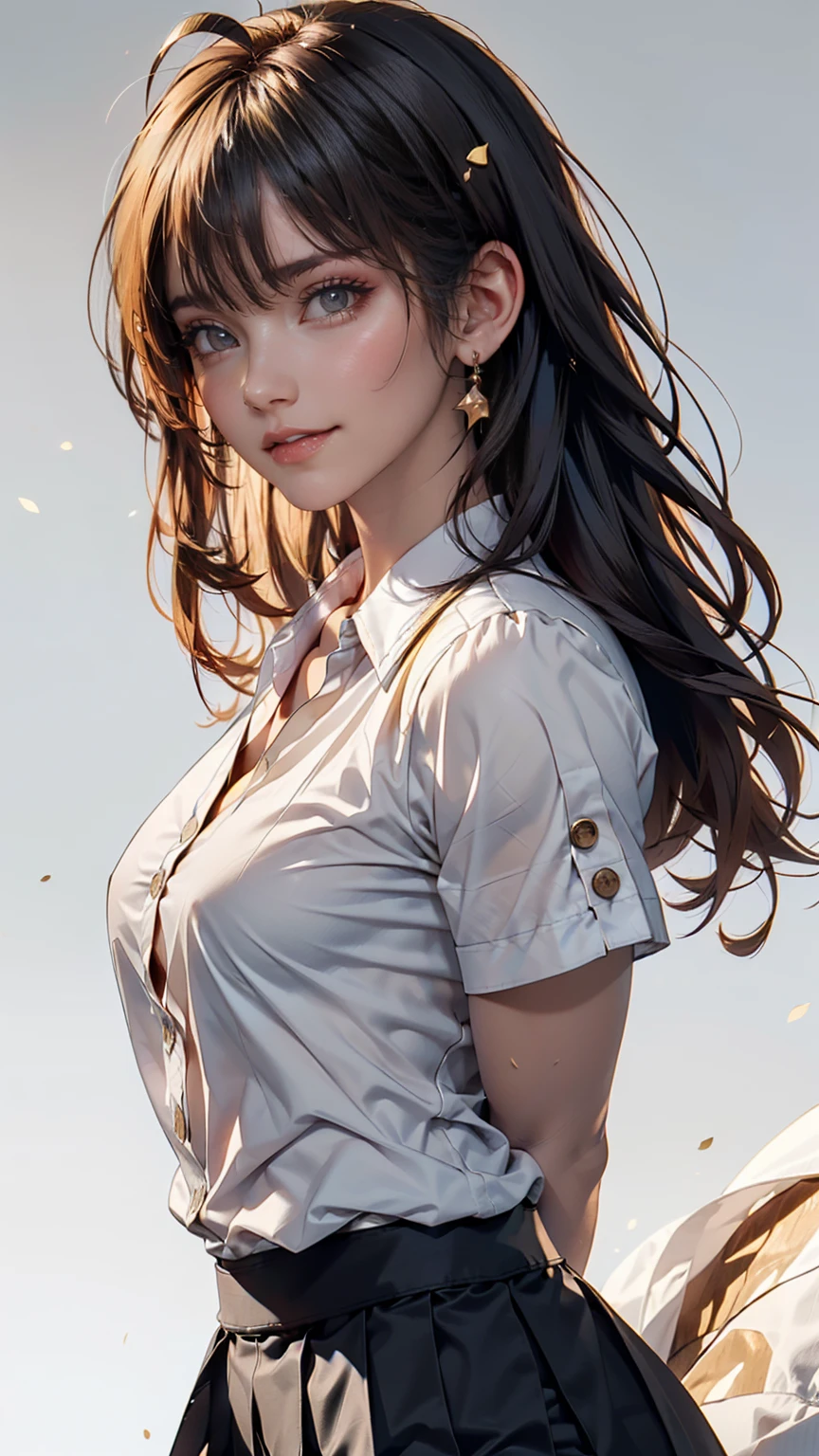 ((masterpiece, Highest quality)), (One girl), (alone), (Focus on women), (Ahoge, Gray Hair, Very long hair), Golden Eyes, Clear smile, Open your mouth, ((White shirt), (Buttoned shirt), (Gap Button)), ((Black Skirt), (Short skirt)), Are standing, White Background, Put your arms behind your back, Dynamic Angle