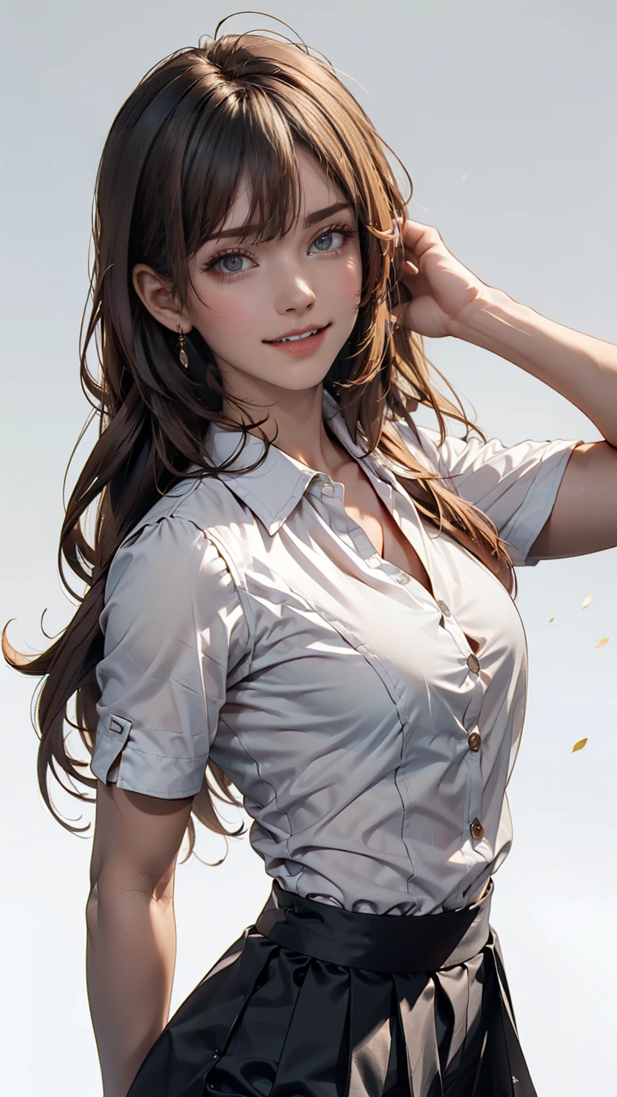 ((masterpiece, Highest quality)), (One girl), (alone), (Focus on women), (Ahoge, Gray Hair, Very long hair), Golden Eyes, Clear smile, Open your mouth, ((White shirt), (Buttoned shirt), (Gap Button)), ((Black Skirt), (Short skirt)), Are standing, White Background, Put your arms behind your back, Dynamic Angle