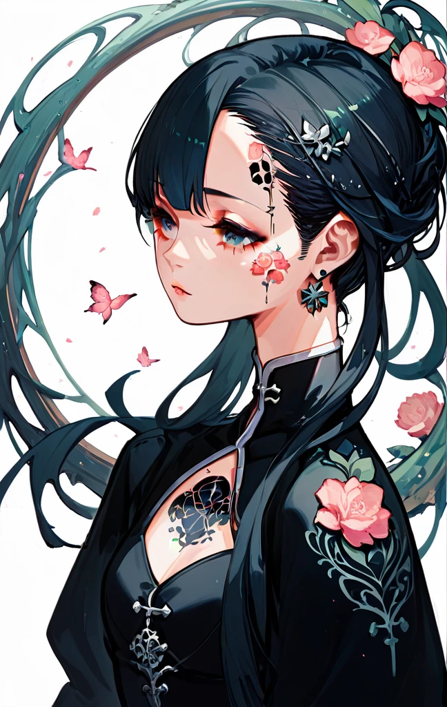 A stunning anime girl with an intricate floral tattoo on her neck, exuding elegance and beauty.,in the style of neon realism, dark pink and light black, gothic art nouveau, anime-inspired character designs, dark white and indigo, bold yet graceful, cyberpunk manga, detailed costumes
