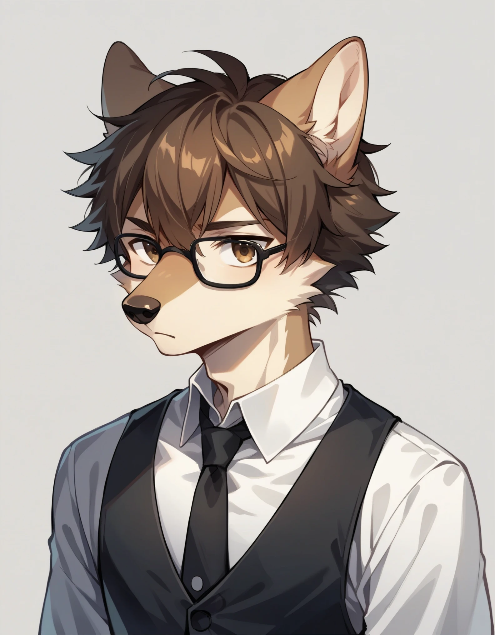 score_9,score_8_up,score_7_up, source_anime, an Anthro furry male wolf, adult male, skinny, brown eyes, snout, black nose, shaggy short brown hair, black glasses, wearing white button up shirt, black vest, black tie, upper body shot, mouth closed,