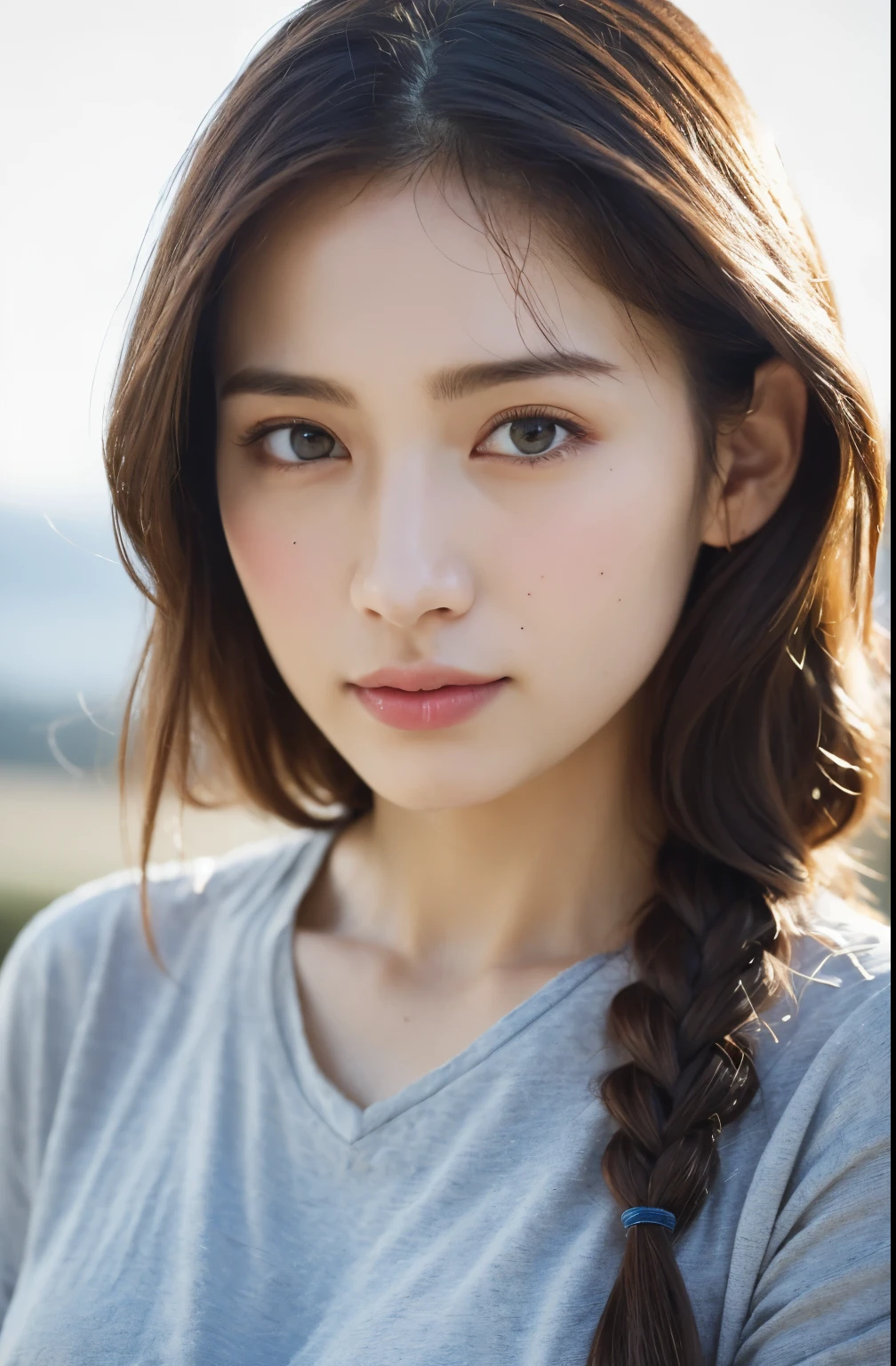 ((Highest quality, 8k, masterpiece :1.3)), One girl, Very fine skin、profile、Looking at the camera、Dynamic Lighting、Close-up of face、Beautiful woman with slim abdominal muscles :1.3, (Random Hairstyles, Huge breasts :1.2), Casual clothing :1.2 Highly Detailed Faces, Fine grain, double eyelid、Japanese women