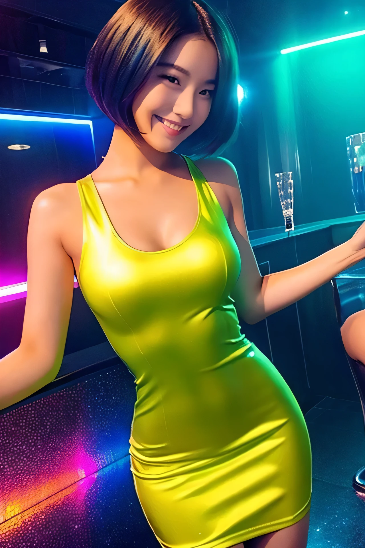 Thin Bodycon Dress,Shiny bodycon dress、Highly revealing、One-shoulder dress、Bright neon colors、Exposed armpits Fine skin texture Very short hair　Bright colors　Beautiful busty Japanese 20 year old woman in ultra realistic and high quality、Being in a nightclub、　Full body description　body conscious dress　 evil grin