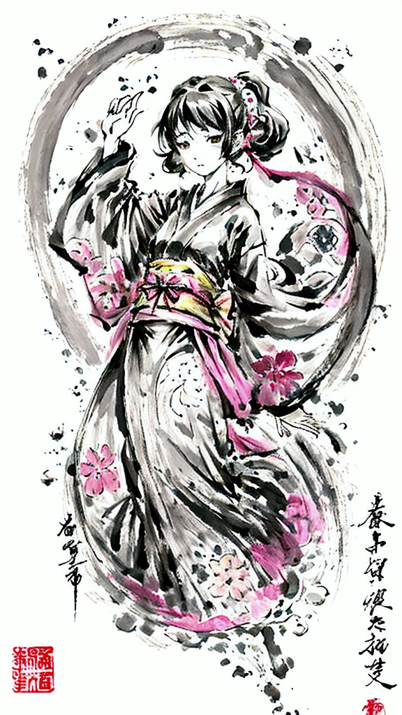 painting of a japanese woman , medium shot, artistic , artist model , a charcoal drawing by William Twigg-Smith, CGSetnation, arte figurativa, water colour, colourful drawing, dynamic pose, fully body, Watercolor and Paint Hyperrealistic, splash art, concept art, mid shot, intricately detailed, color depth, dramatic, 2/3 face angle, side light, colorful background