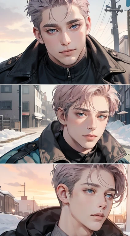 masterpiece, best quality, realistic, 1man, mature male, quiet and charming man, 35 years old, close his eyes, expression smile in love, closed mouth, extremely detailed face, cold, ((dark grey blue eyes)), ((short-right-swept dark grey pink hair)), [thick eyebrows], ((hunter)), accurate, detailed, ((town))