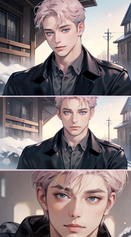 masterpiece, best quality, realistic, 1man, mature male, quiet and charming man, 35 years old, close his eyes, expression smile in love, closed mouth, extremely detailed face, cold, ((dark grey blue eyes)), ((short-right-swept dark grey pink hair)), [thick eyebrows], ((hunter)), accurate, detailed, ((town))