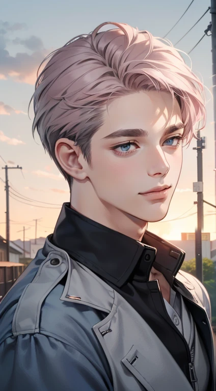 masterpiece, best quality, realistic, 1man, mature male, quiet and charming man, 35 years old, close his eyes, expression smile in love, closed mouth, extremely detailed face, cold, ((dark grey blue eyes)), ((short-right-swept dark grey pink hair)), [thick eyebrows], ((hunter)), accurate, detailed, ((town))
