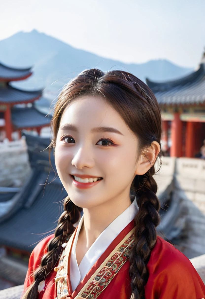 Korean Idol: 1.2, Mix 4, 1 Korean girl, 14 years old, (light eyebrows: 1.4), Shiny brown eyes, Bun head, Tie two braids, Ancient City, Chinese Temple, Mountain High, Beautiful detail sky, street (crowd:1.2), night, (Red and swollen nose), Hanfu, Happy, Smile